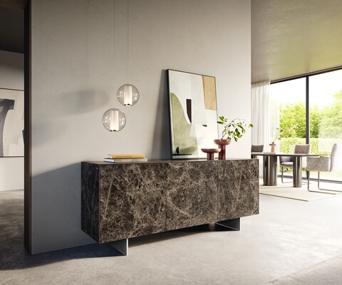 Dressoir Cuor 180 cm Keramiek Emperador Extra Lucidato Donkerbruin 2 Deuren 3 Laden Zwevende voet look Roestvrij staal