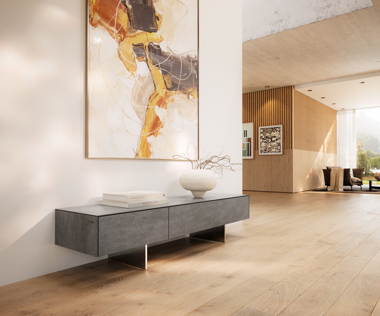 Tv-meubel Cuor 150 cm Keramiek Beton Grijs 1 Flap 1 Laden Zwevende voet look Roestvrij staal 1