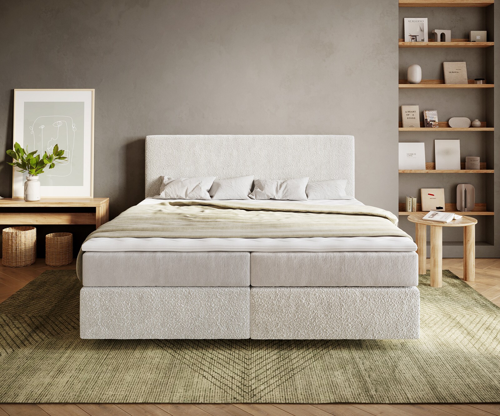 Boxspringbed Dream-Well 180x200 cm Bouclé Crème-Wit met Pocketveringmatras en Topper Visco 1