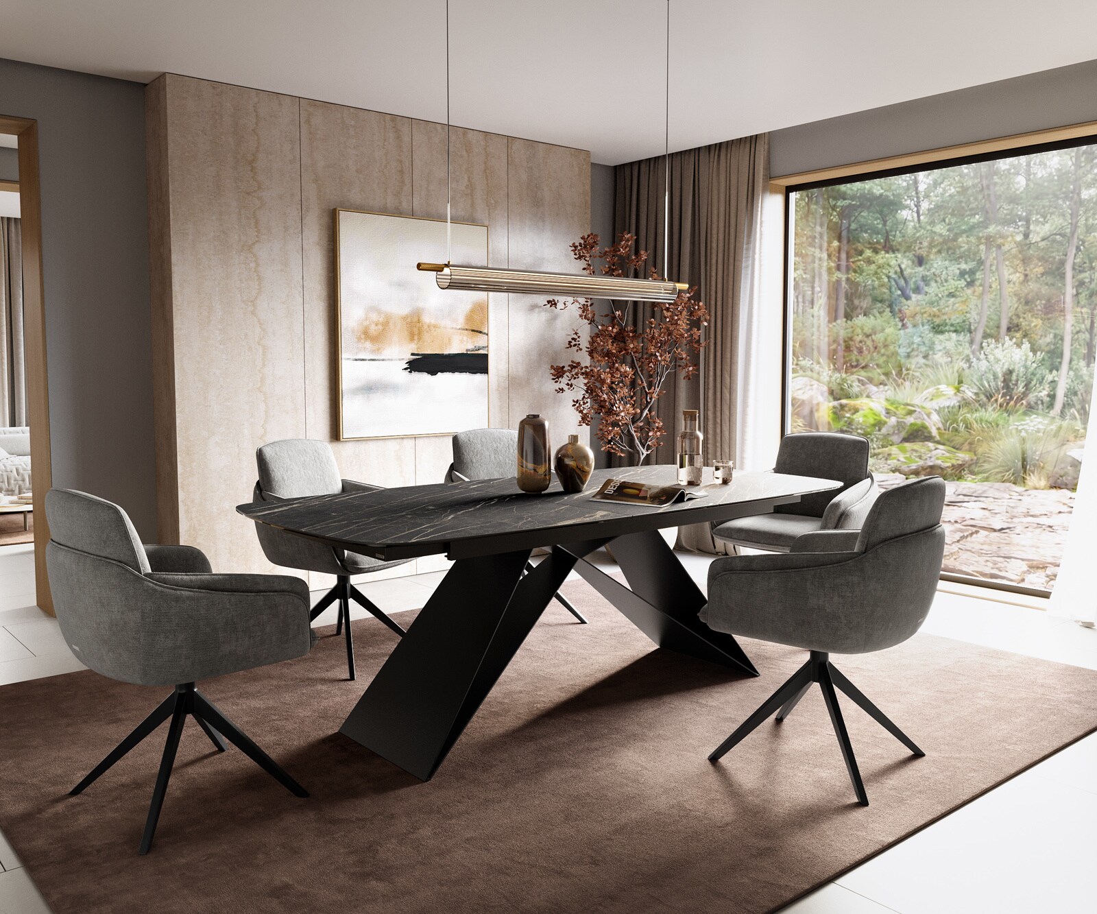 Eettafel Edge Boot 180-220x100 cm Laminam® Keramiek Noir Desir Braun V-onderstel Flachstahl Zwart uitschuifbaar 6