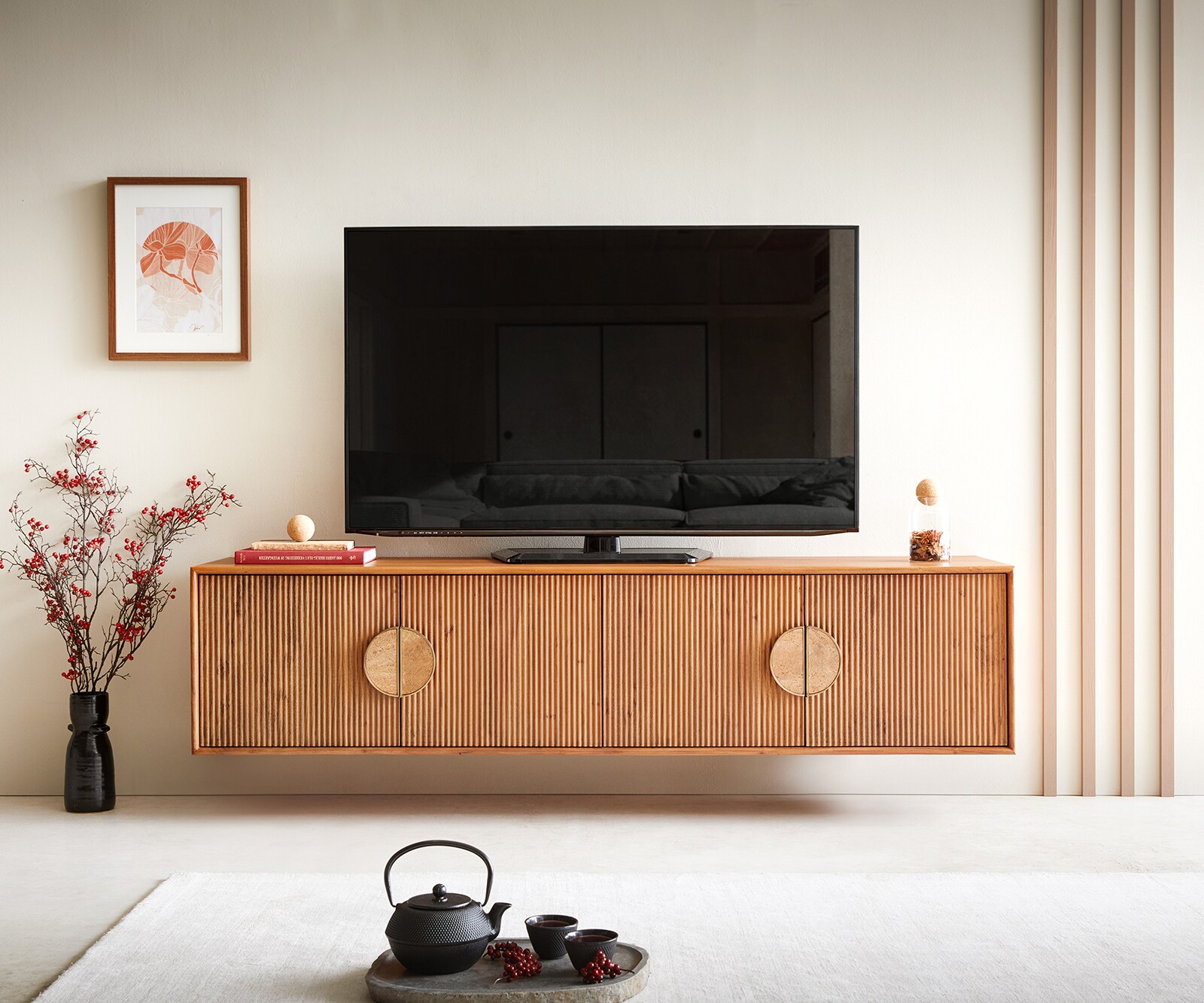 Tv-meubel Surimu 175 cm acacia lichtbruin 4 deurs kurkgreep zwevend 4 Tv-meubel Surimu 175 cm acacia lichtbruin 4 deurs kurkgreep zwevend 4