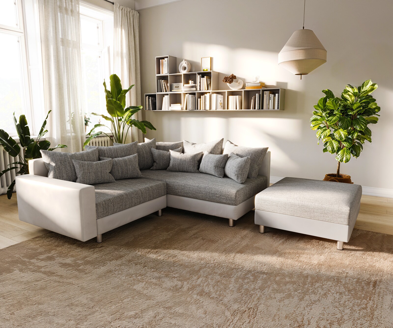 Hoekbank Clovis wit lichtgrijs modulaire hocker armleuning ottomane rechts
