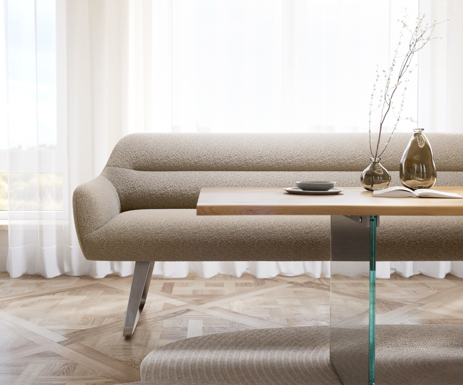 Eetkamerbank Taya-Flex 200 cm bouclé mud platte sledebasis roestvrij staal pocketvering 2