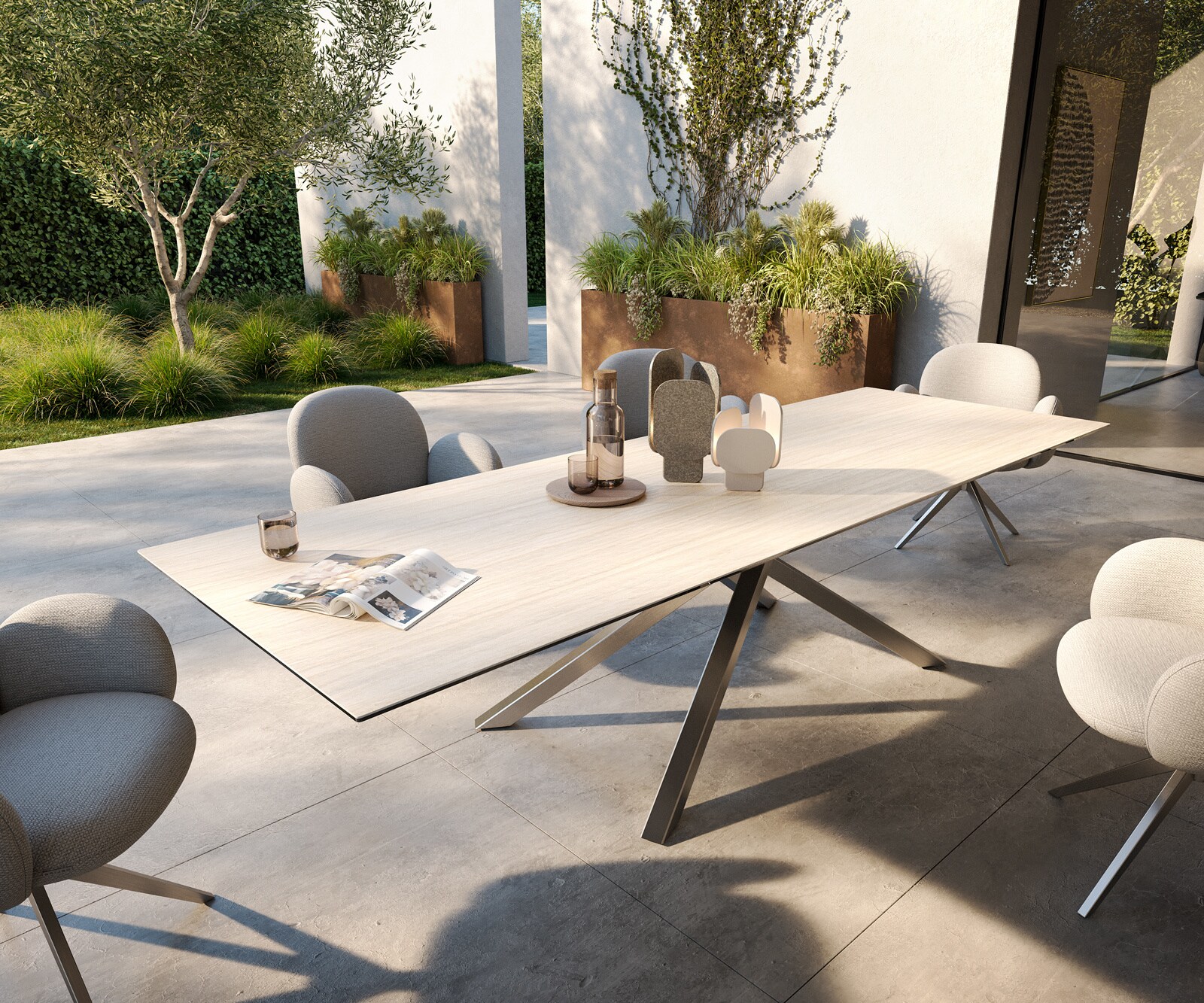 Outdoortafel Edge 300x100 cm keramiek Laminam® Travertino Bianco crème-wit kruispoot rechthoekig roestvrij staal