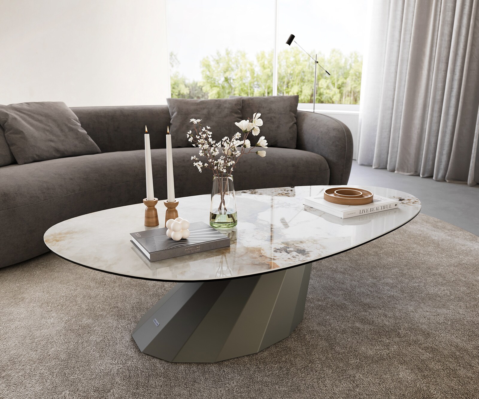 Salontafel Edge Oval 140x75 cm keramiek Minas Melange Parabi Metall effectafwerking titaan 1