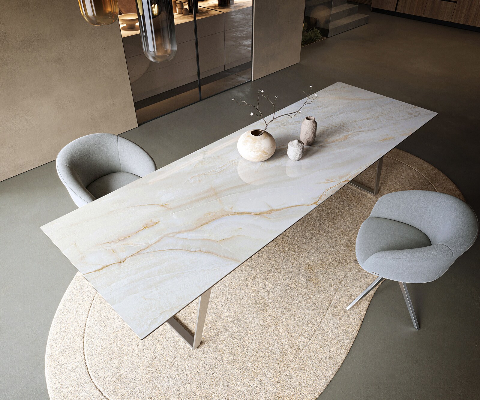 Eettafel Edge 300x100 cm keramiek Onyx Pearl roestvrij staal schuin 3