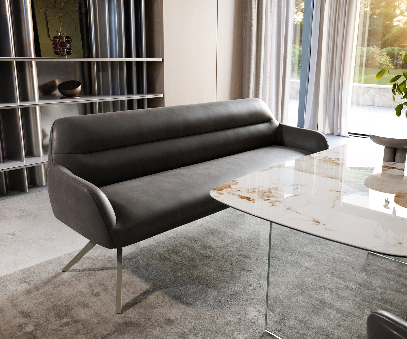 Eetkamerbank Taya-Flex 200 cm microvelours anthraciet vintage hoekig kruisframe afwerking met titaniumeffect pocketvering