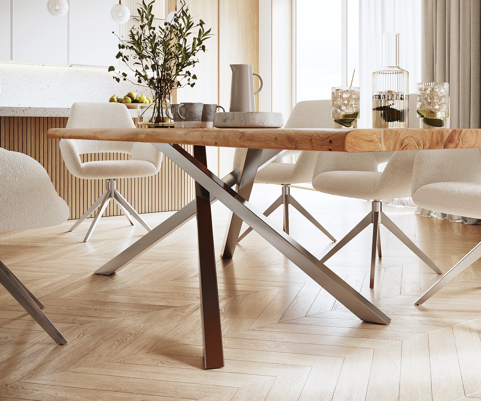 Eettafel Edge 280x100 XL acacia natuur kruisframe rechthoek roestvrij staal  Live-Edge 4