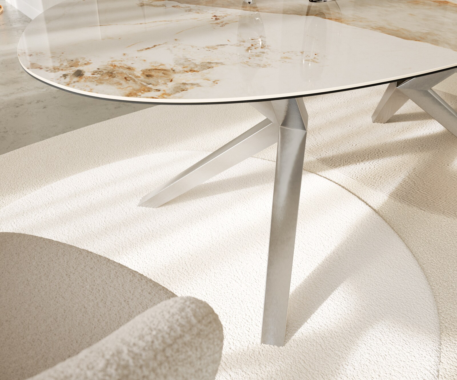 Eetkamertafel Edge ovaal 220x120 keramiek Minas Melange wit-Beige Zenthara hoekig roestvrij staal 5