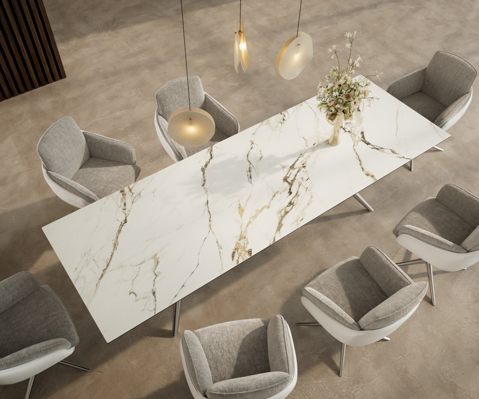 Eetkamertafel Edge 300x100 keramiek Calacatta Luxe wit-Gold-grijs Estelar rond  roestvrij staal 3