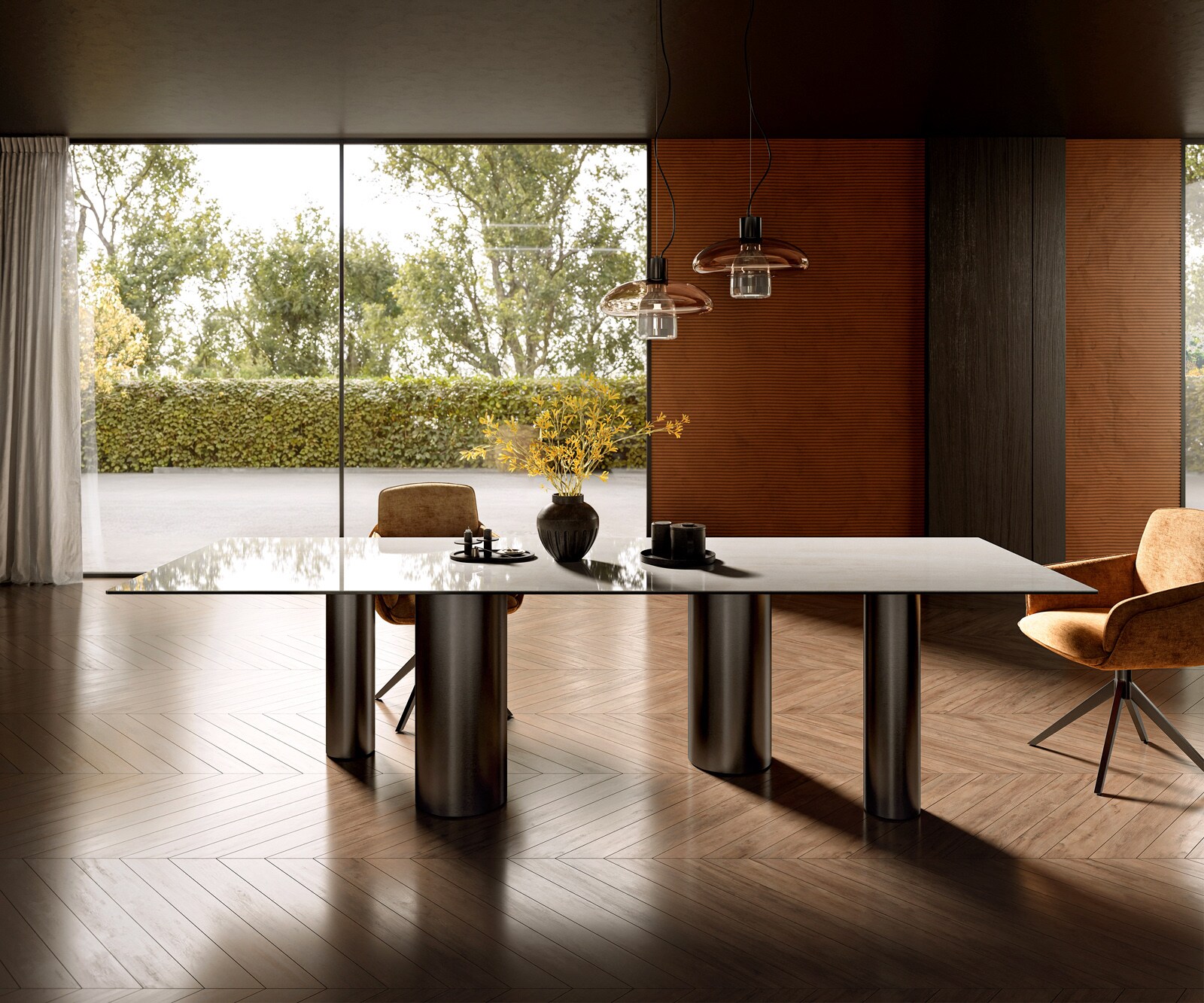 Eettafel Edge 300x100 cm keramiek Onyx Champagne Pilier roestvrij staal grafiet 2