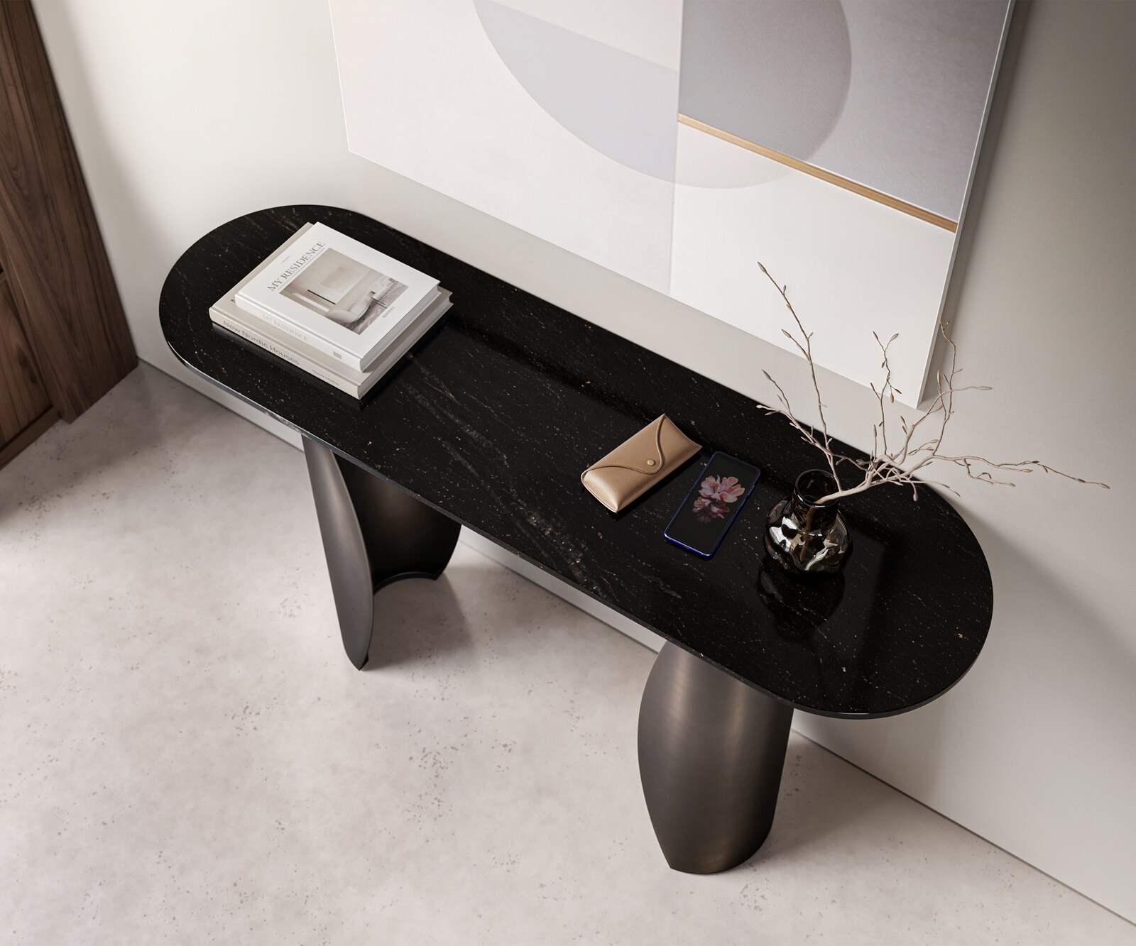 Consoletafel Solena 135x40 cm marmer zwart zilver metaal zwart antiek 4