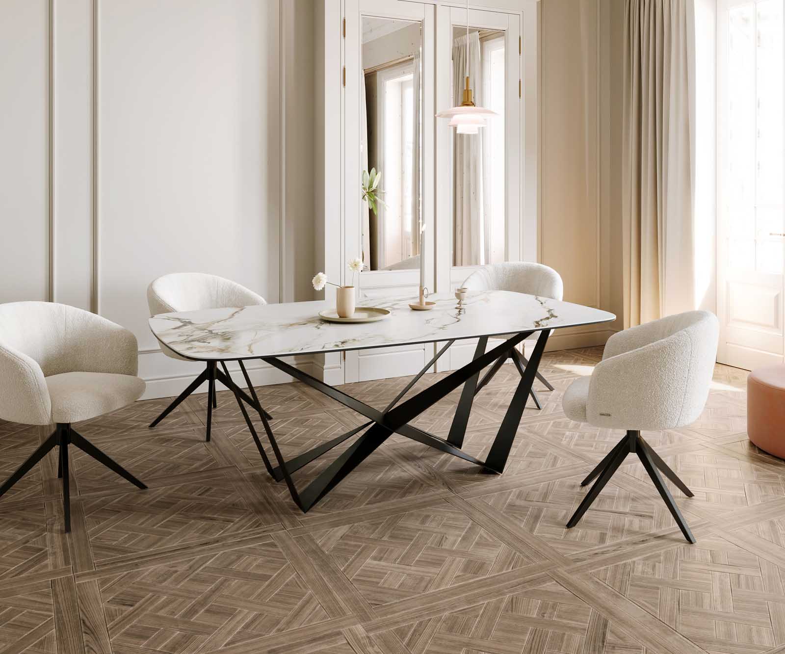 Eetkamertafel Edge Boot 200x100 keramiek Calacatta Luxe wit-goud-grijs spider vlak staal zwart 6