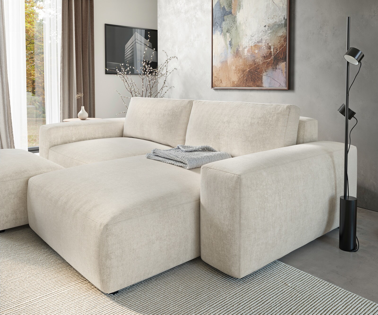 Hoekbank Lanzo XL 270x180 cm Zachte structuurstof Beige Chaise longue variabel met hocker 5