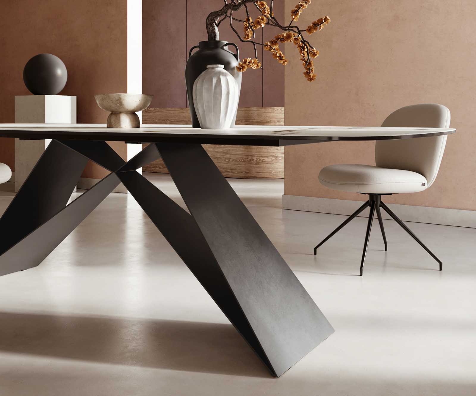 Eetkamertafel Edge Boot 240x120 keramiek Calacatta Luxe wit-goud-grijs V-frame vlak staal zwart 5