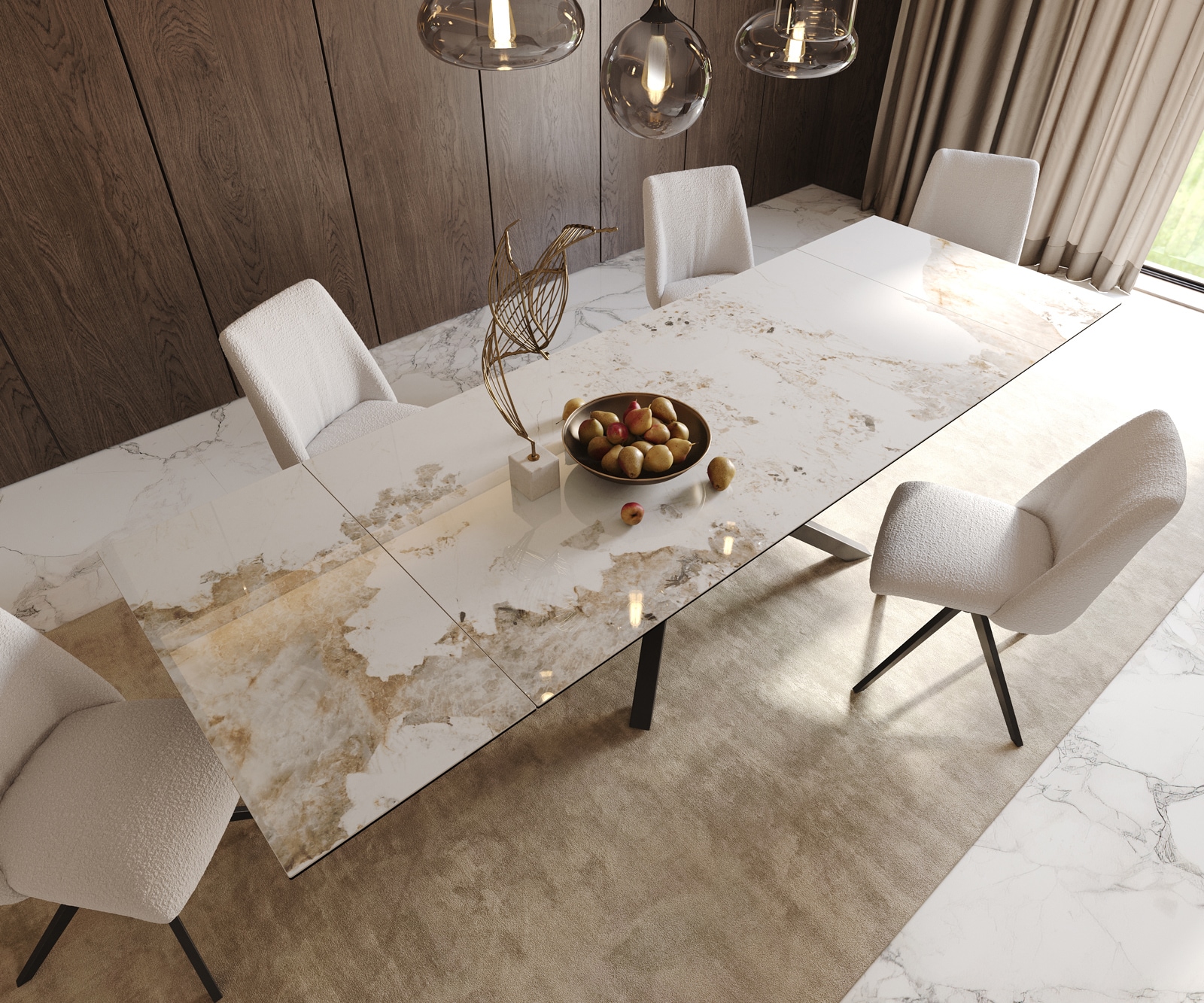 Eetkamertafel Edge 200-300x100 keramiek Minas Melange wit-beige kruisframe rechthoek zwart uitschuifbaar 6