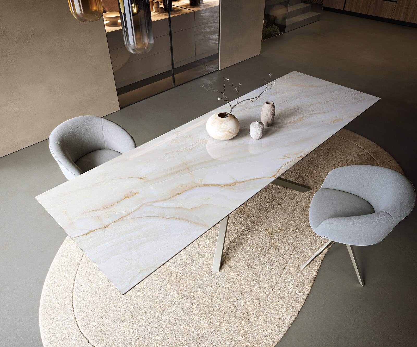 Eettafel Edge 300x100 cm keramiek Onyx Pearl kruisframe rechthoekig effectfinish titan 3