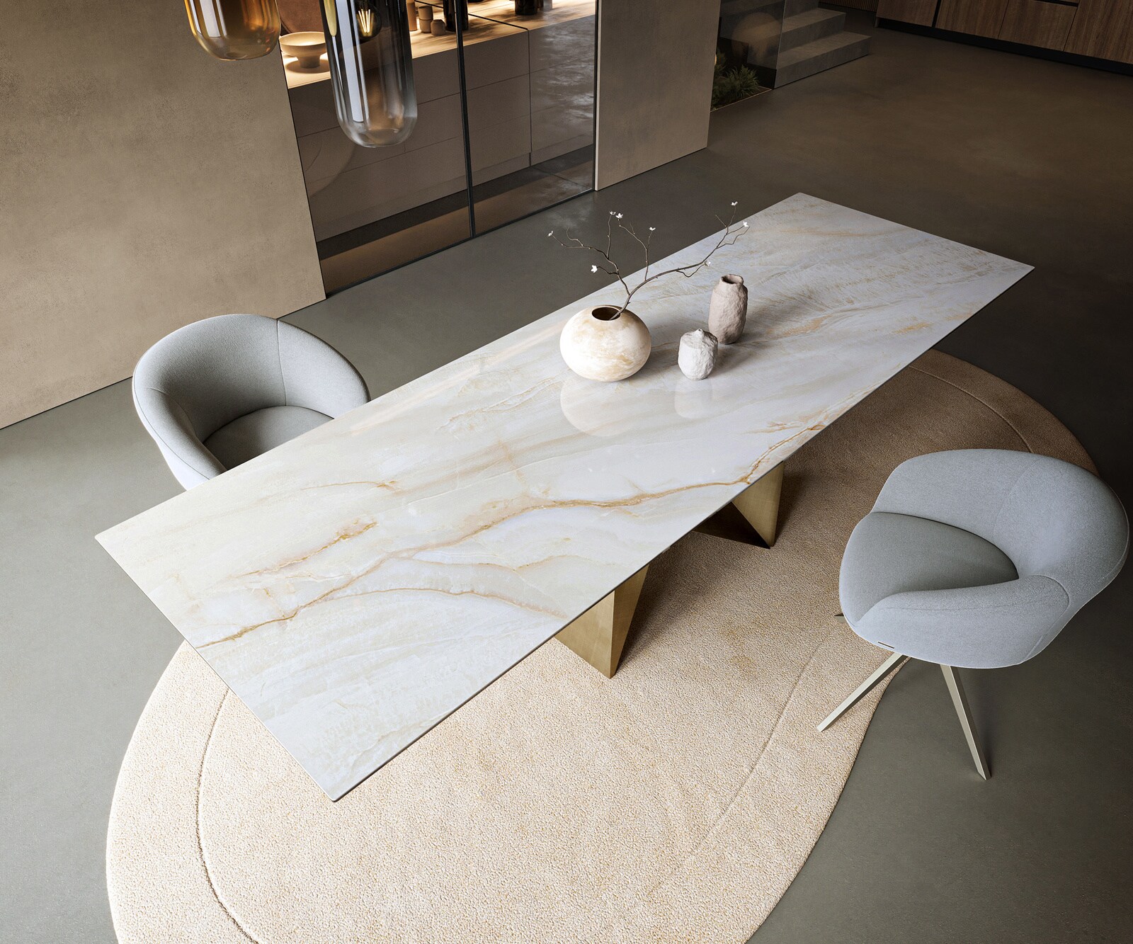 Eettafel Edge 300x100 cm keramiek Onyx Pearl Origami metallic goud 4