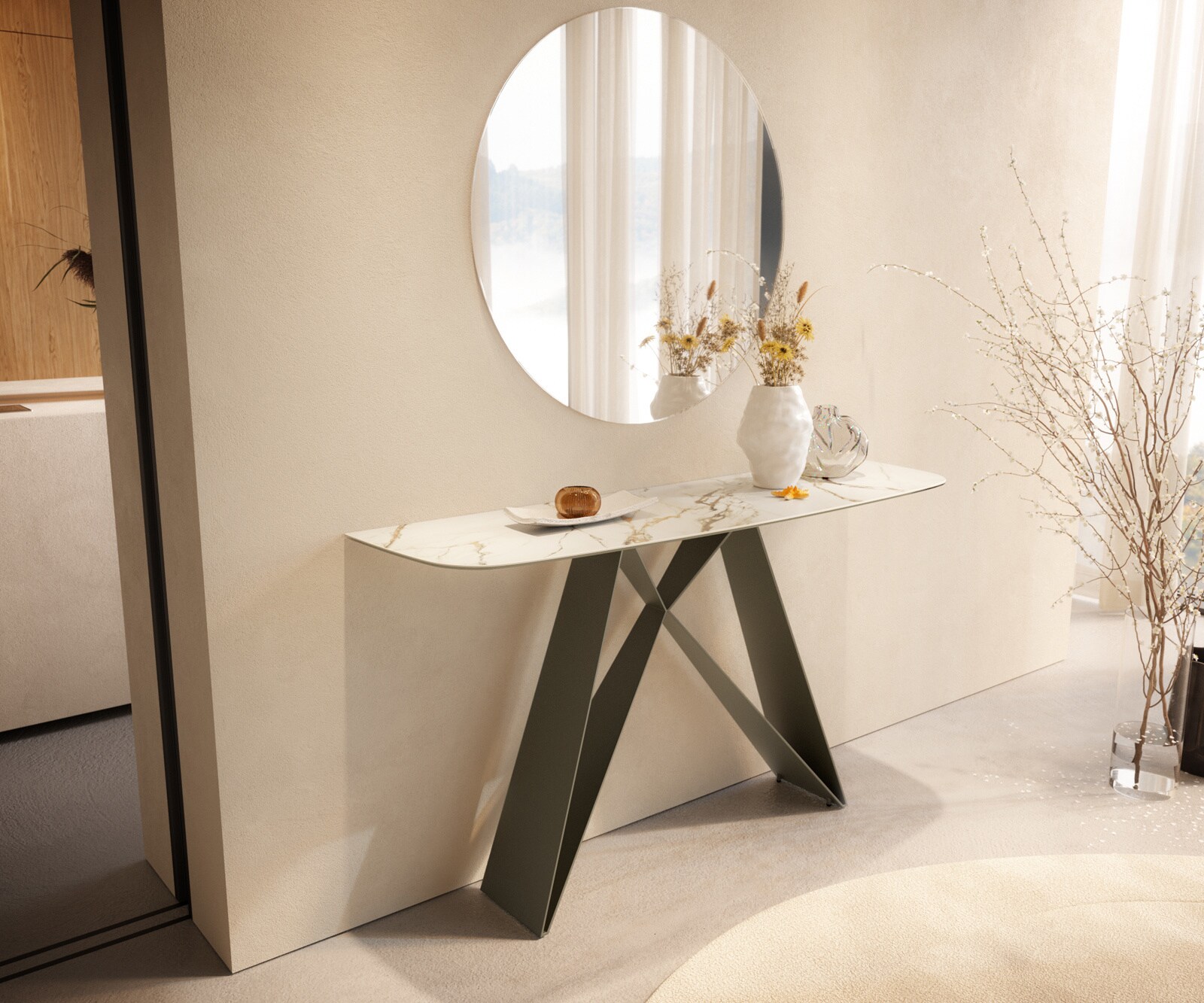 Consoletafel Edge Bootvorm 140x40 cm Keramiek Calacatta Luxe Weiß-Gold-Grijs Velio Metaal Effektfinish Titan 4