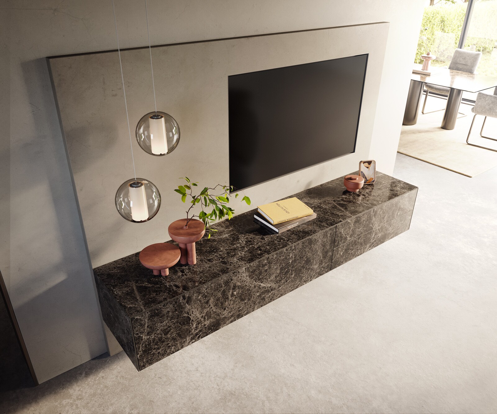 Tv-meubel Cuor 220 cm Keramiek Emperador Extra Lucidato Donkerbruin 1 Flap 2 Laden Zwevend 3