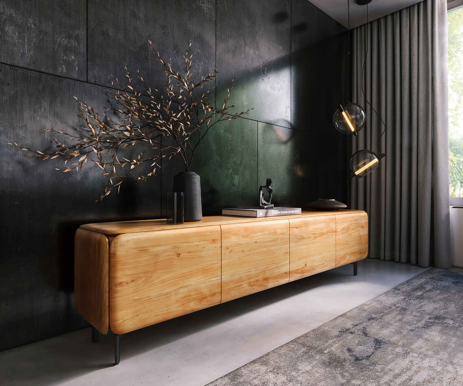 TV-meubel Shavani 220 cm acacia natuur 4 deuren poot ovaal metaal zwart
