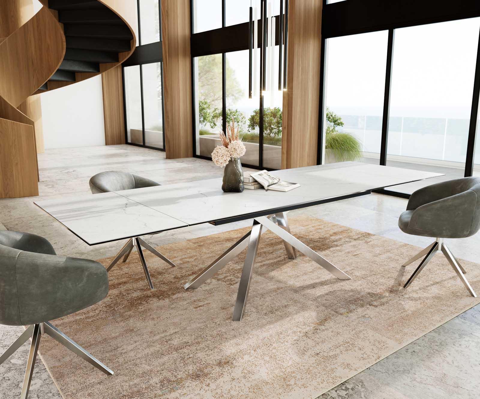Eetkamertafel Edge 200-300x100 keramiek Laminam®Statuarietto Weiß kruisframe rechthoek RVS uitschuifbaar 8