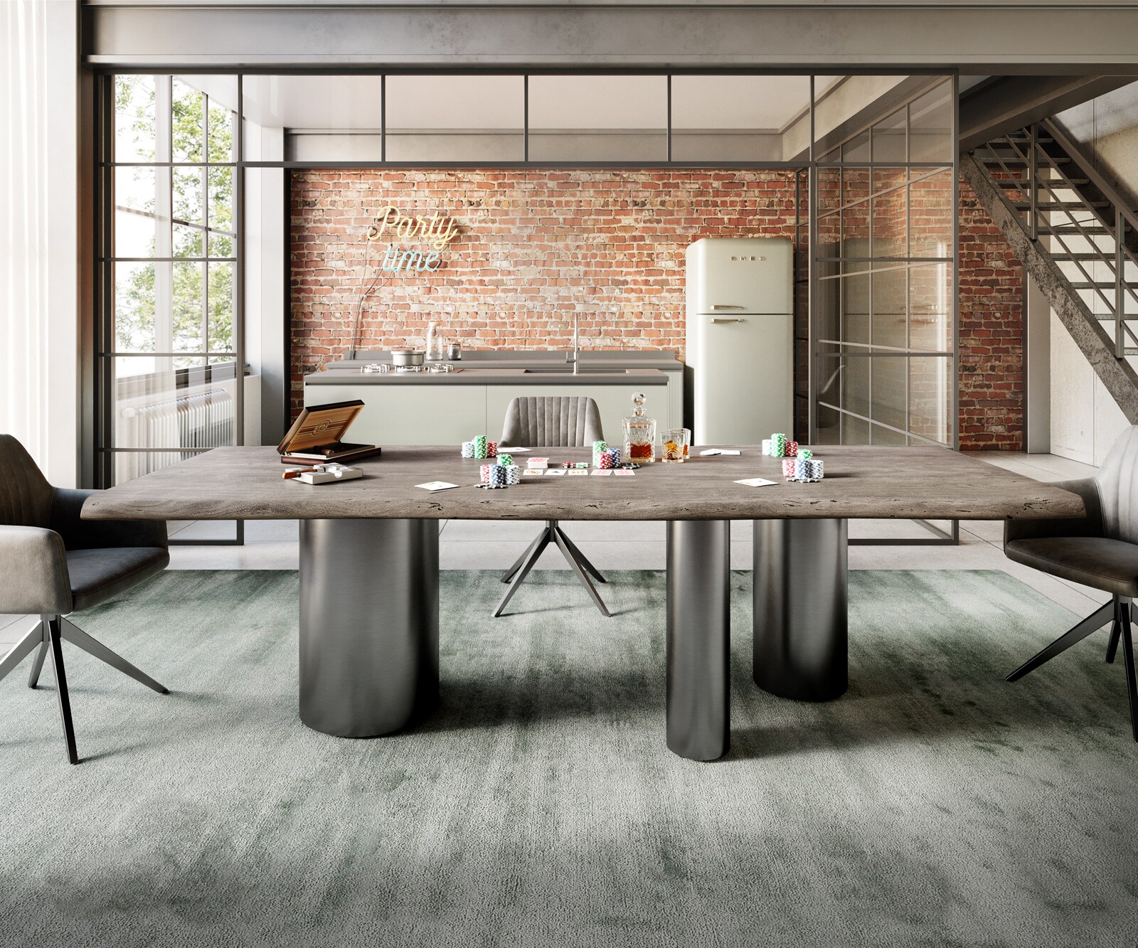 Eetkamertafel Edge 260x100 acacia platina Troa roestvrij staal grafiet Live-Edge 1