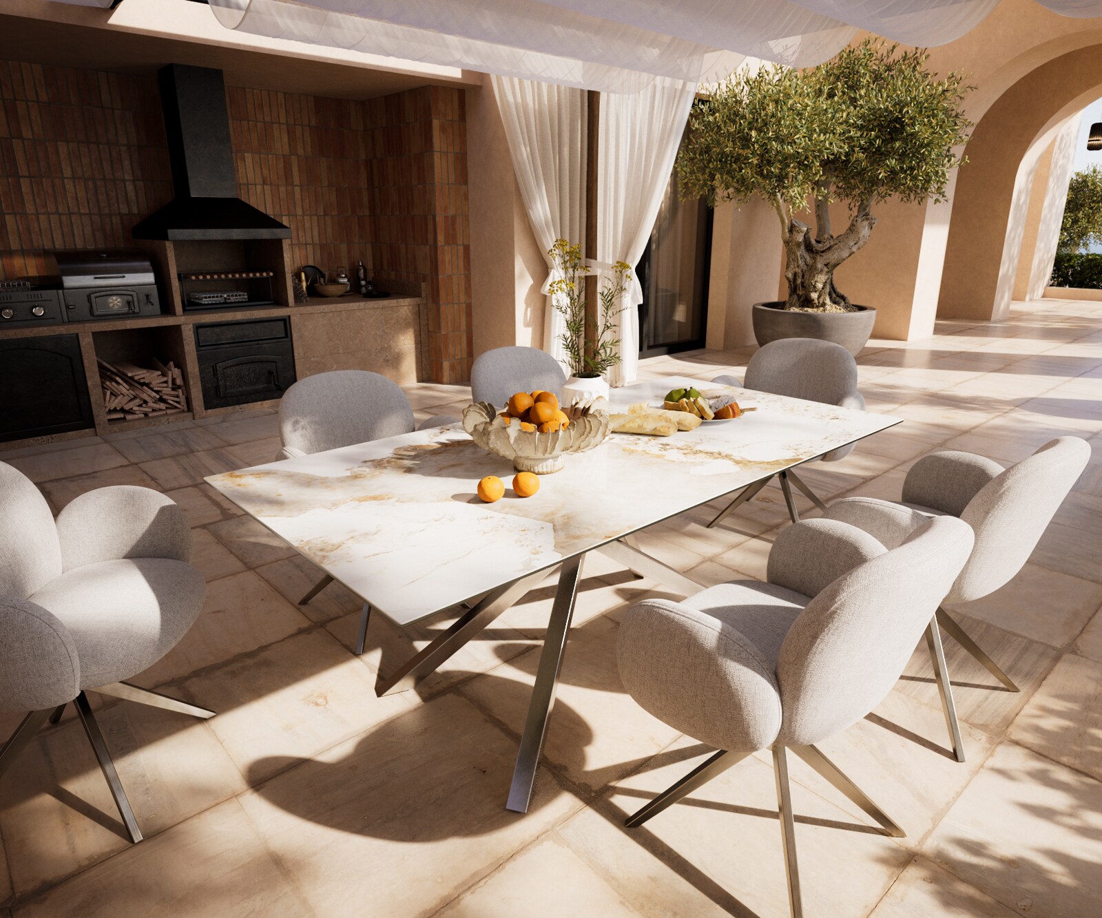 Outdoortafel Edge 200x100 cm keramiek Minas Melange wit-beige kruispoot rechthoekig roestvrij staal 1