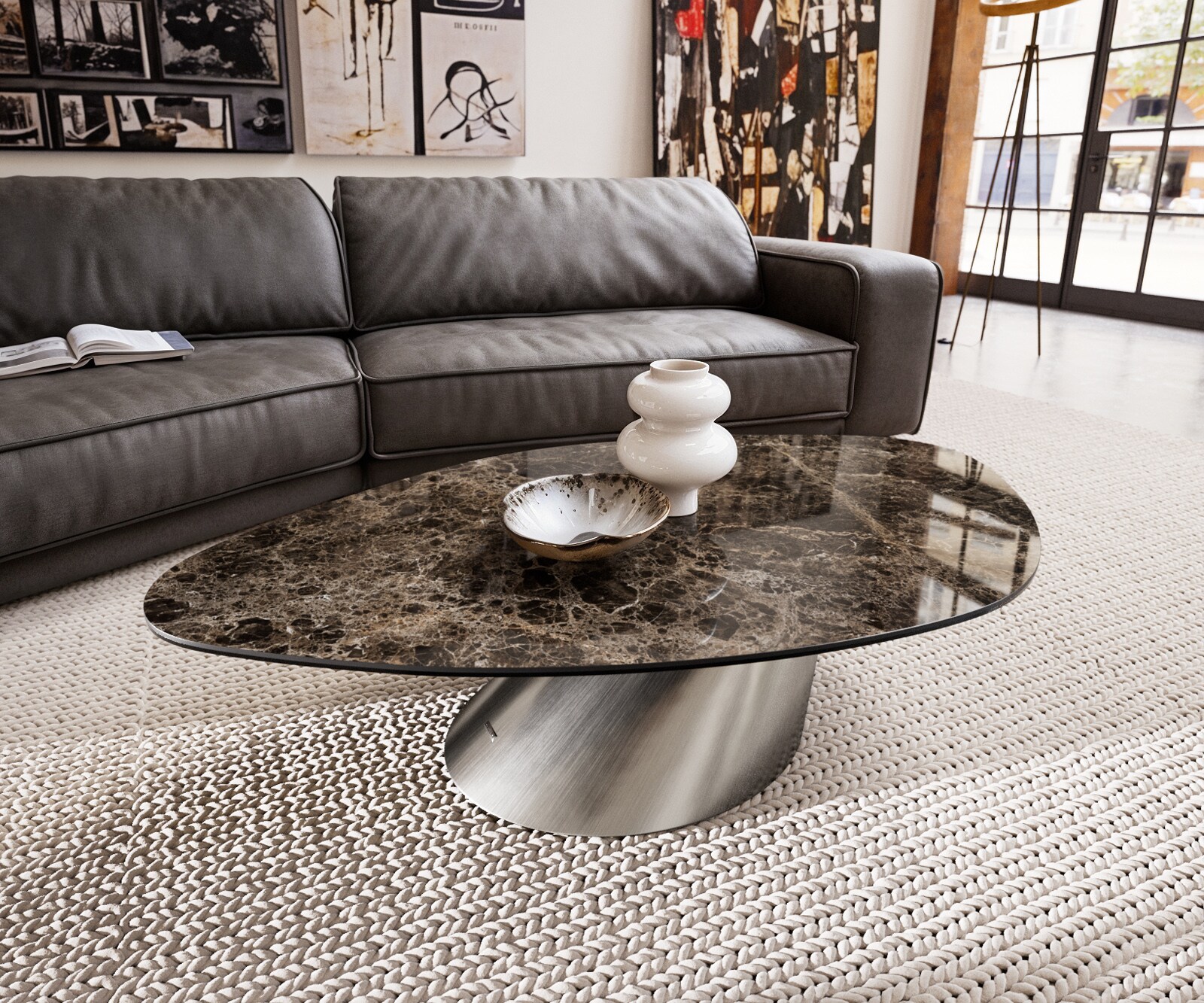 Salontafel Edge Organisch 140x76 cm keramiek Laminam® Emperador Extra Lucidato donkerbruin Conis geborsteld roestvrij staal 1