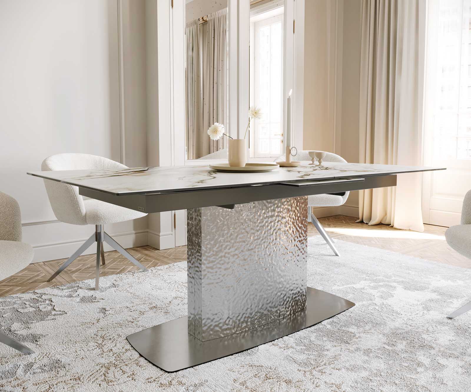 Eetkamertafel Edge 180-220x100 keramiek Calacatta Luxe wit-goud-grijs Wave RVS uitschuifbaar 7