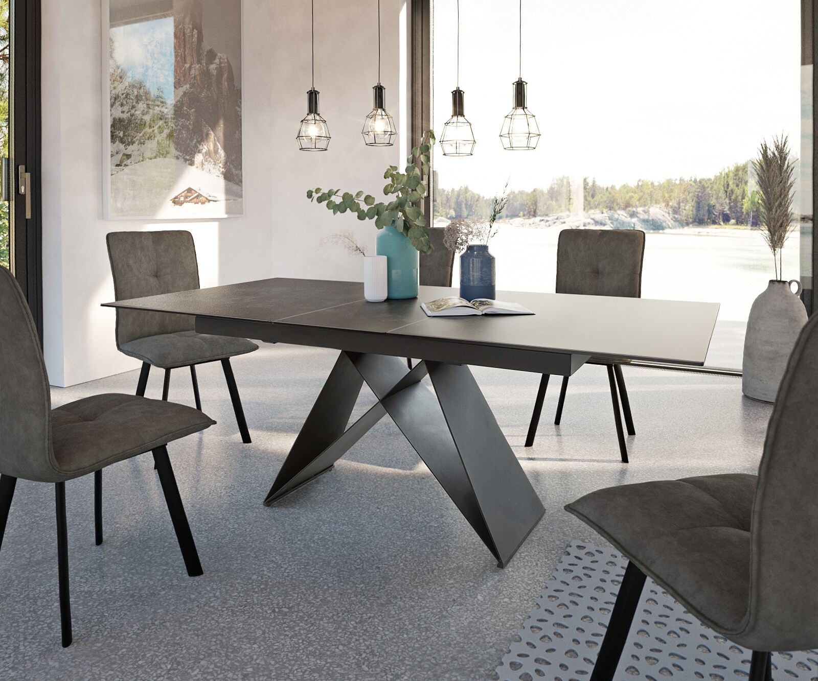 Eettafel Davion 160/200x90 cm keramisch grijs metaal uitschuifbaar