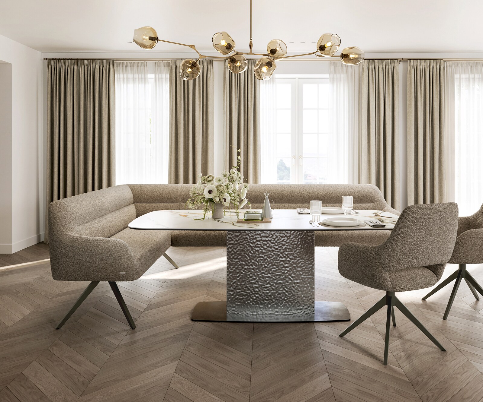 Eetkamerbank Taya-Flex 285x190 cm bouclé mud hoekig kruisframe afwerking met titaniumeffect pocketvering rechts 2