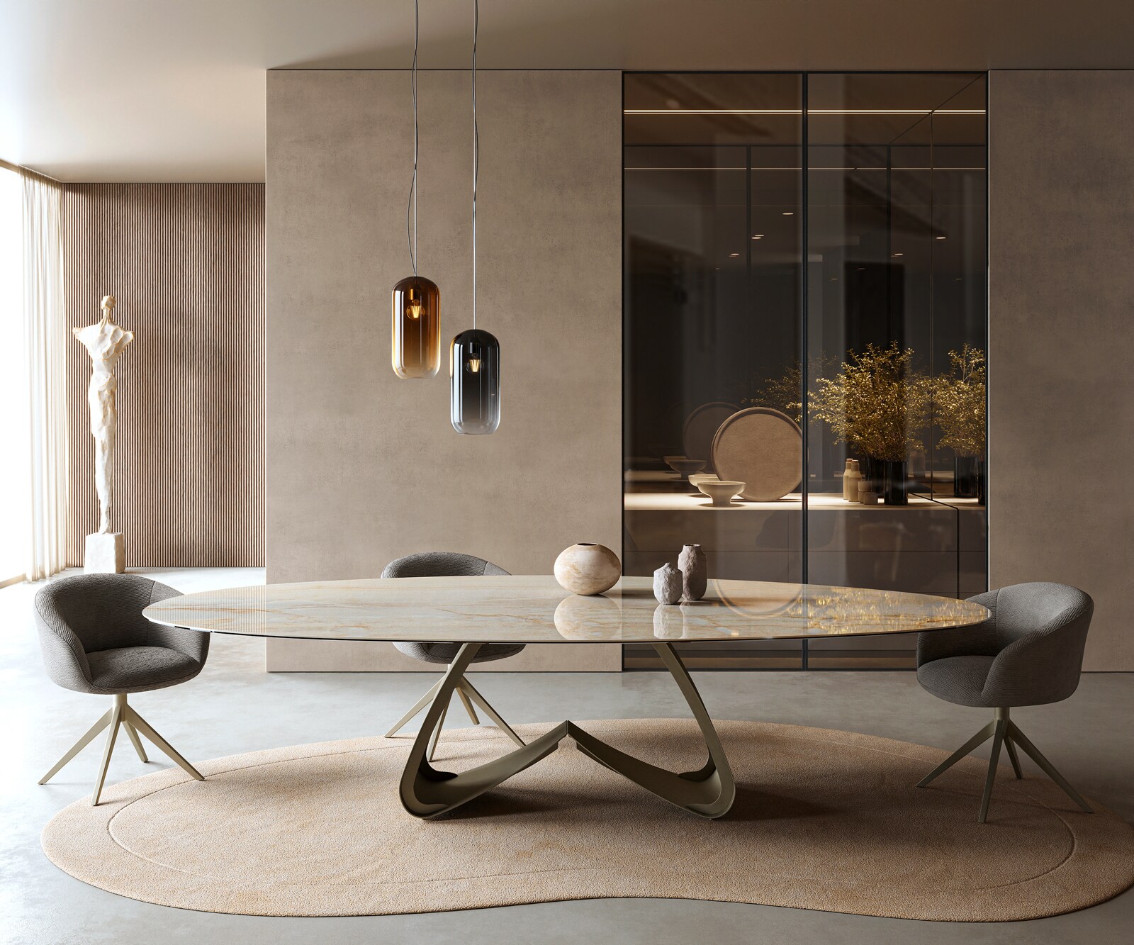 Eetkamertafel Edge Oval 315x150 cm Keramiek Iris FMG Onice Oro W-onderstel Metaal Effectafwerking Titan 2