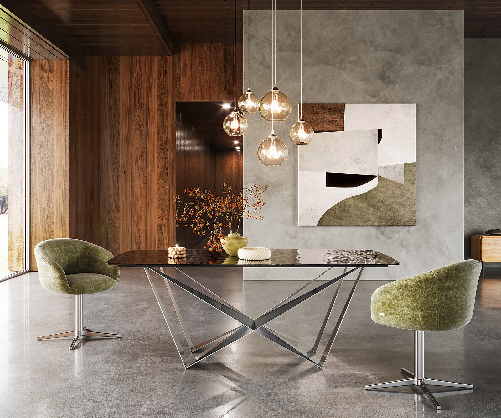Eetkamertafel Edge Boot 200x100 Glas smelten rokerig zwart 3D-Relief spider vlak staal RVS 1