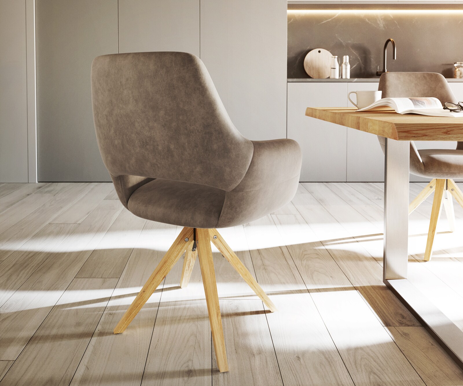 Eetkamerstoel Yago-Flex met armleuning microvelours taupe vintage houten frame hoekig natuur pocketveer kern 4 Eetkamerstoel Yago-Flex met armleuning microvelours taupe vintage houten frame hoekig natuur pocketveer kern 4