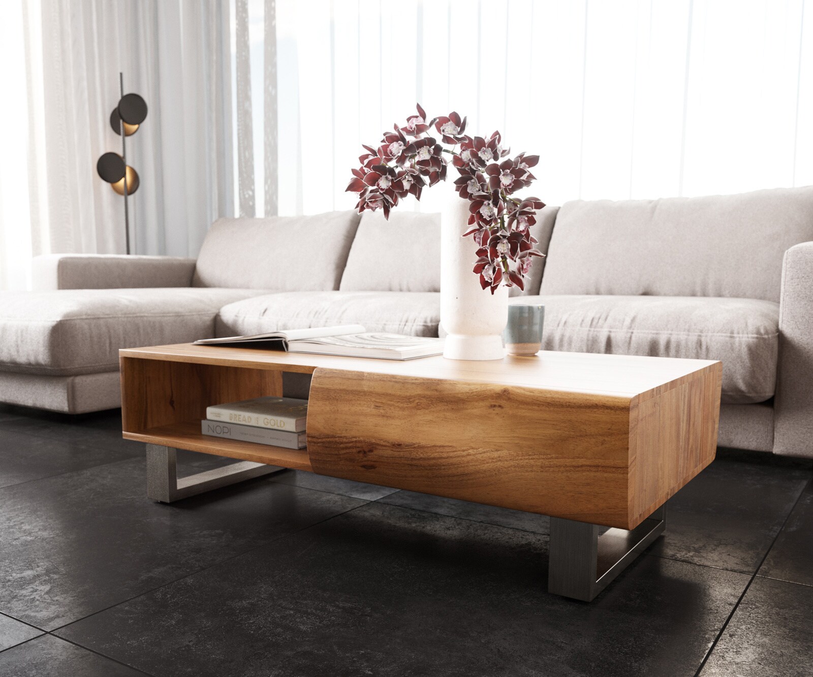 Salontafel New Live-Edge 115x60 cm acacia natuur 2 Schubladen 1 Fach Kufe RVS geborsteld 