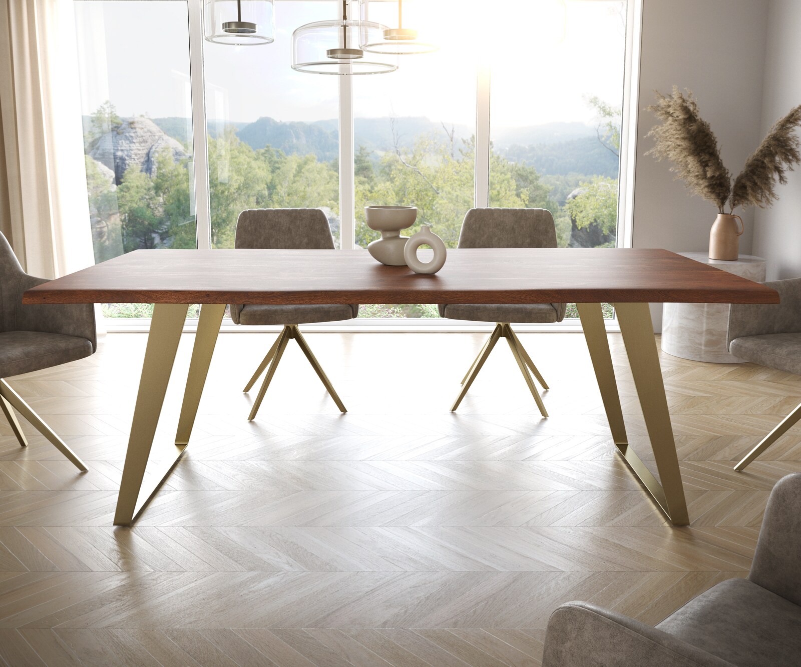 Eettafel Edge 200x100 acacia bruin  roestvrij staal  Gold schuin Live-Edge 2