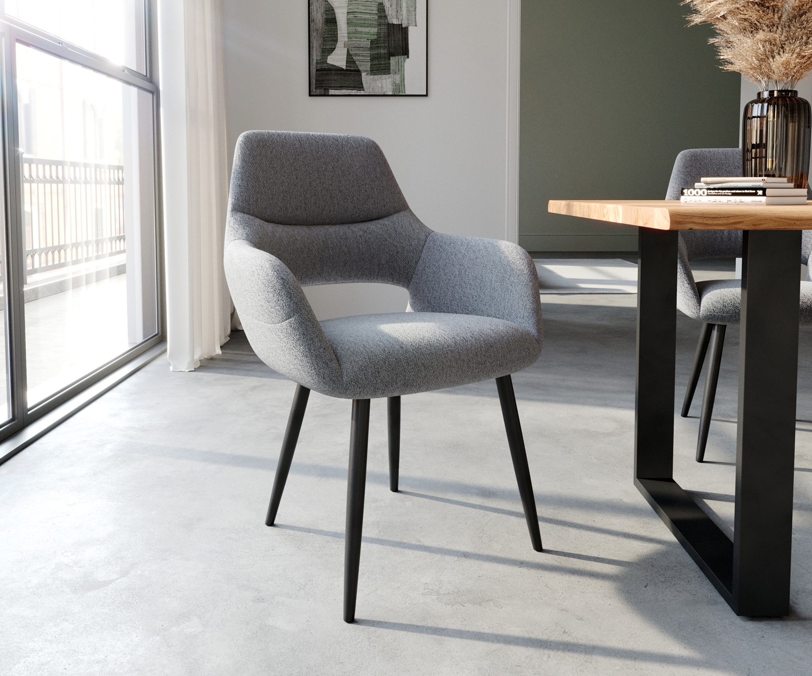 Eetkamerstoel Yago-Flex met armleuning structuurstof lichtgrijs 4-poot conisch zwart pocketveer kern Eetkamerstoel Yago-Flex met armleuning structuurstof lichtgrijs 4-poot conisch zwart pocketveer kern