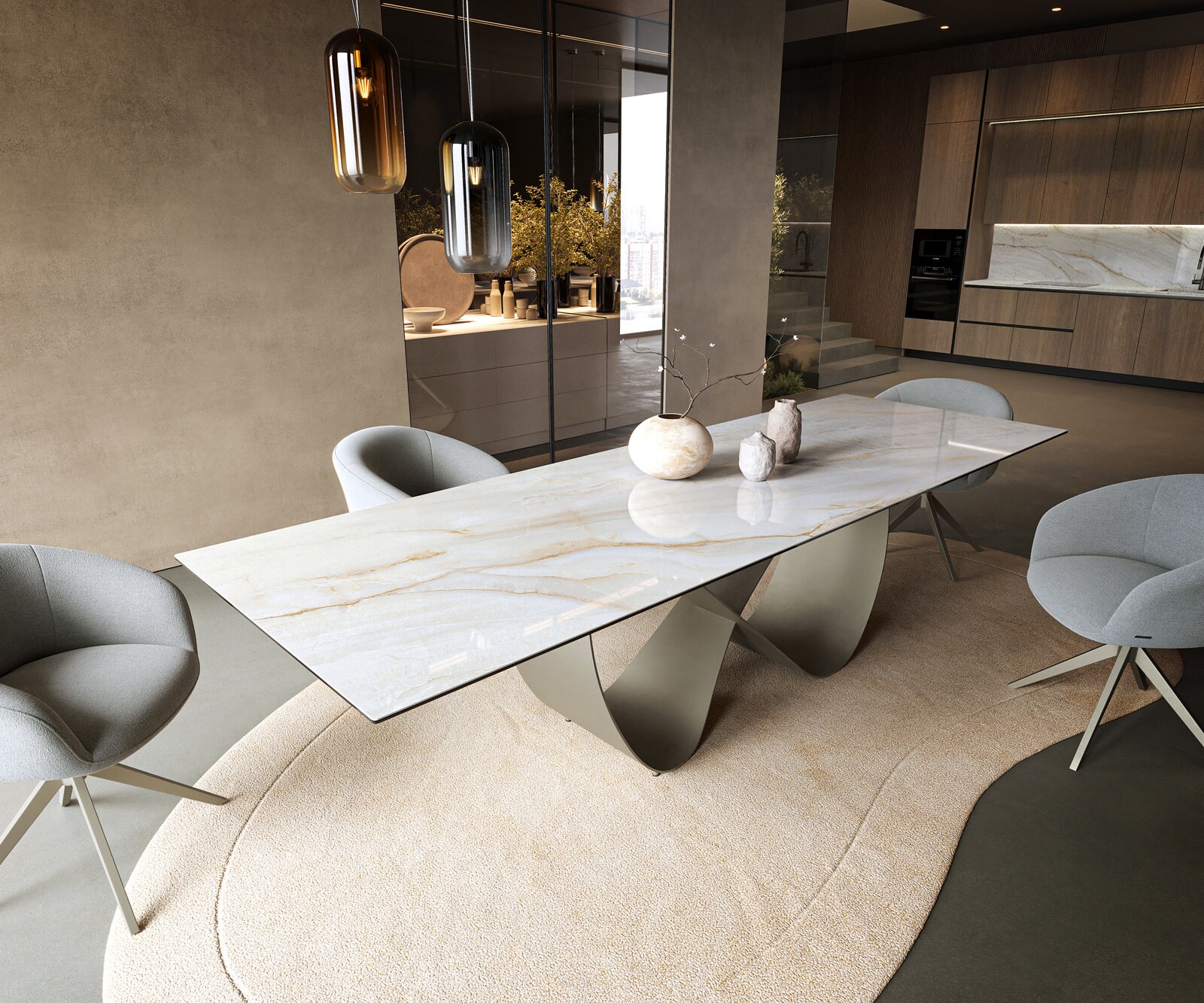 Eettafel Edge 300x100 cm keramiek Onyx Pearl Infinity metaal effectfinish titan 1