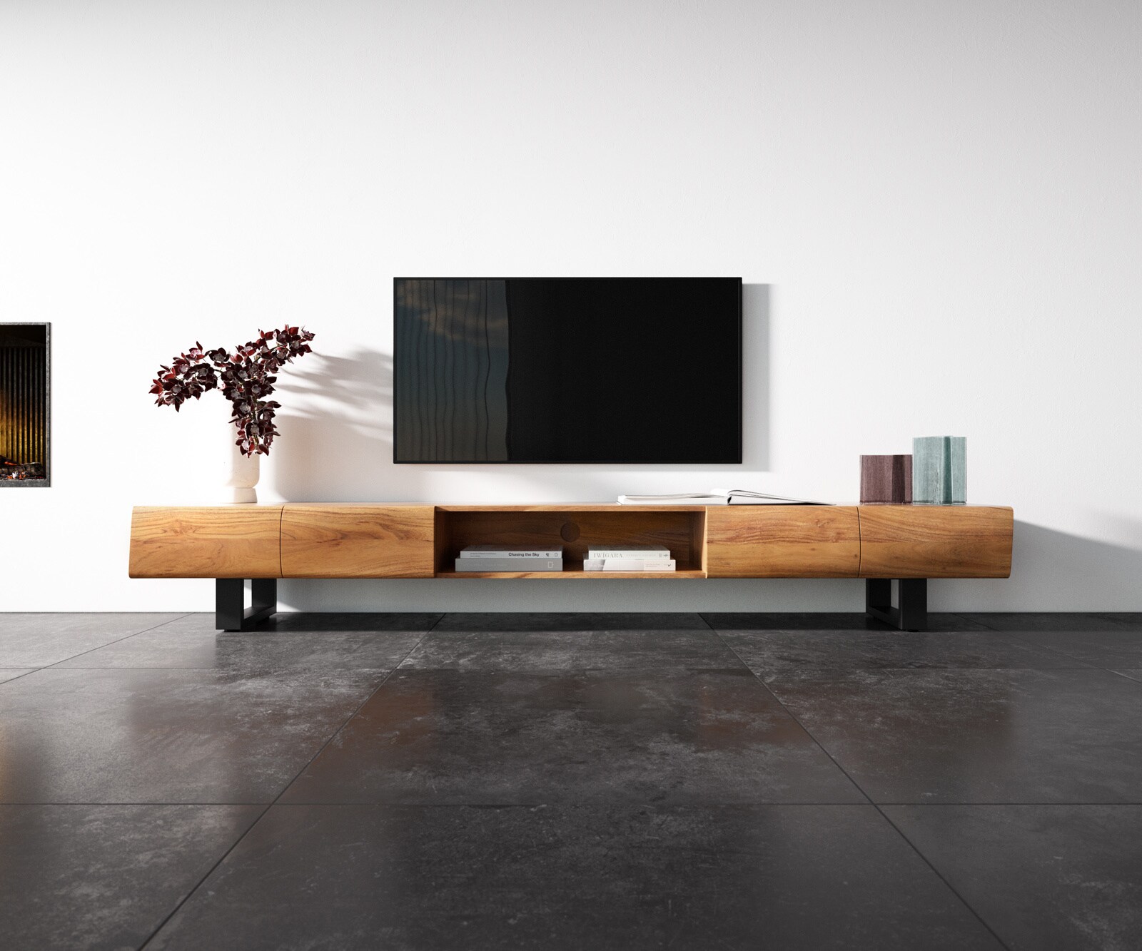 TV-meubel New Live-Edge 240 cm acacia natuur 4 deuren 1 metalen glijpoot zwart 3