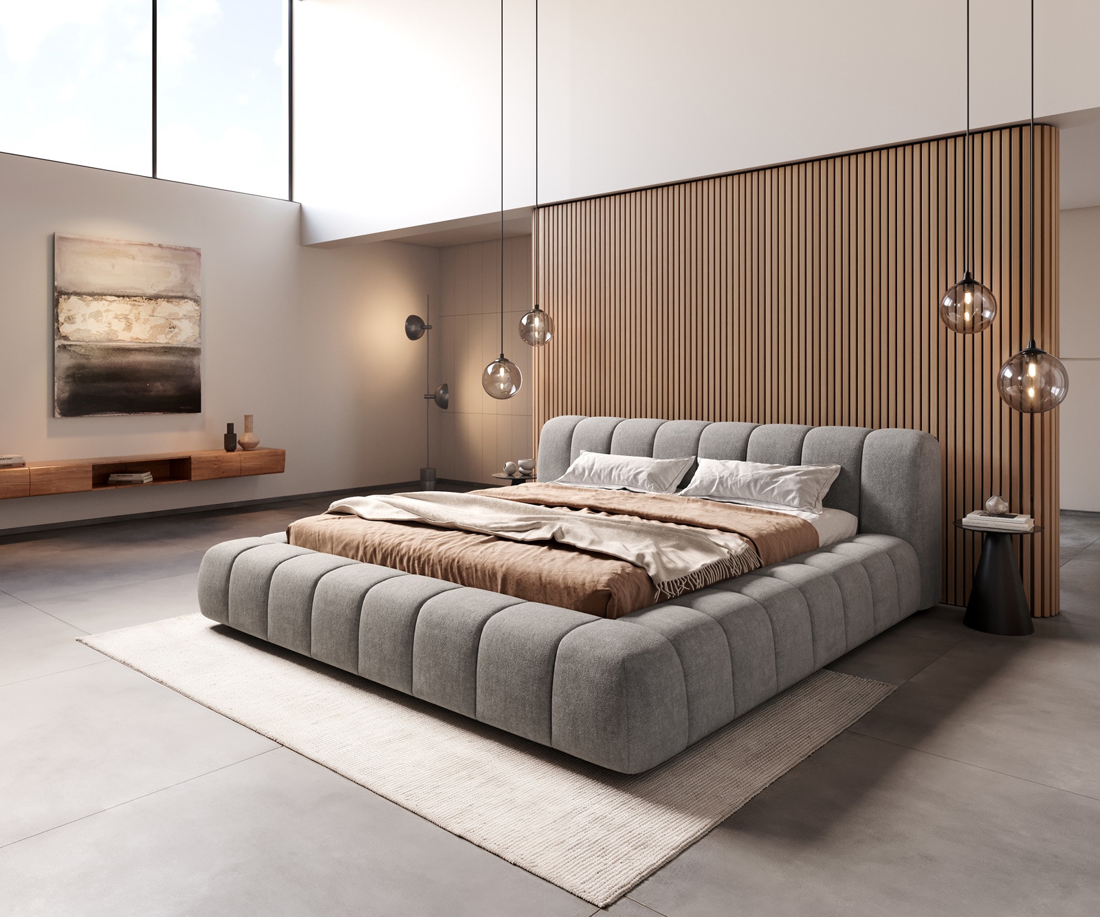 Gestoffeerd bedframe Cutio 180x200 cm structuurstof soft grijs 1