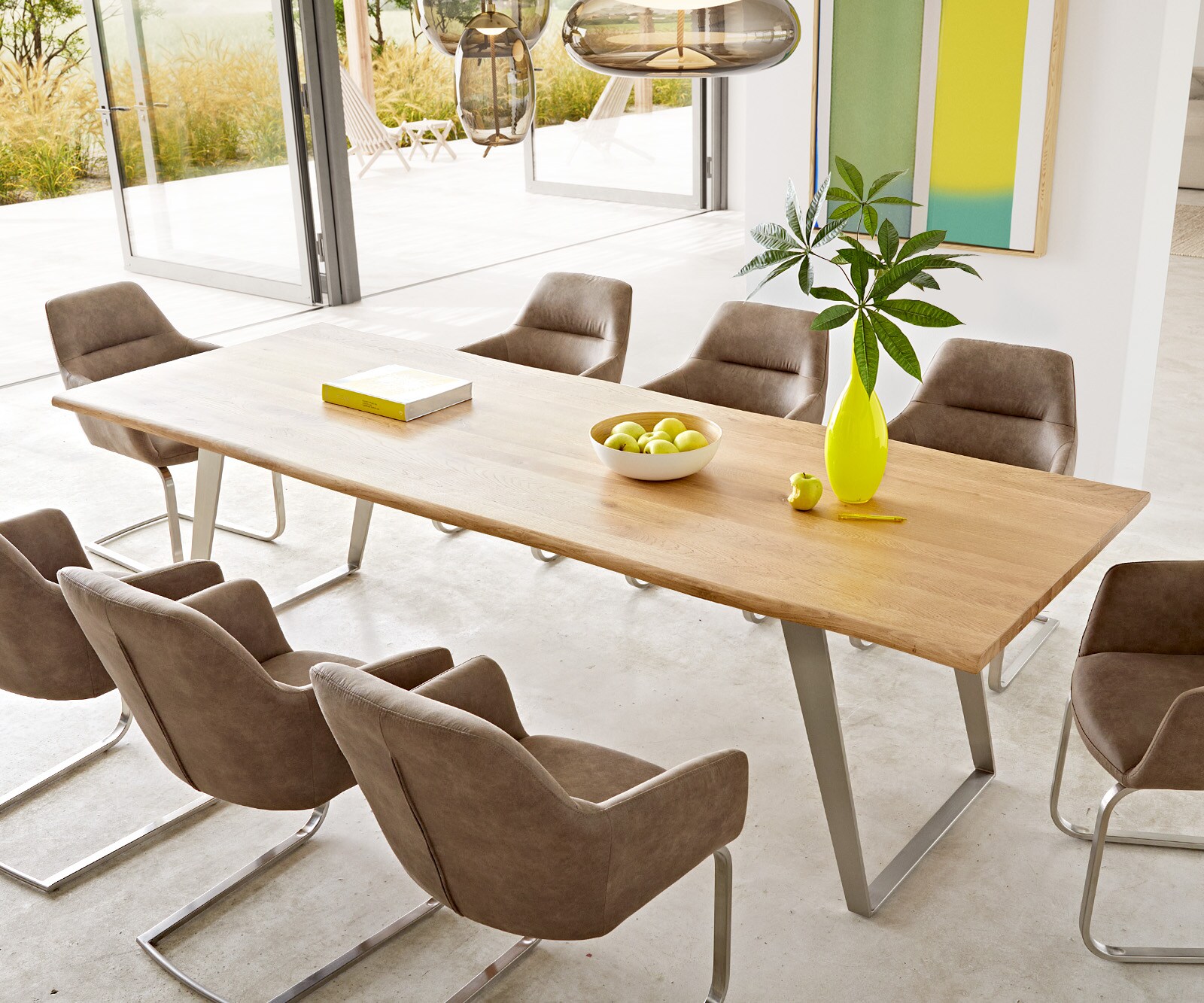 Eettafel Edge 260x100x2,5-3 eiken natuur roestvrij staal schuin Live-Edge