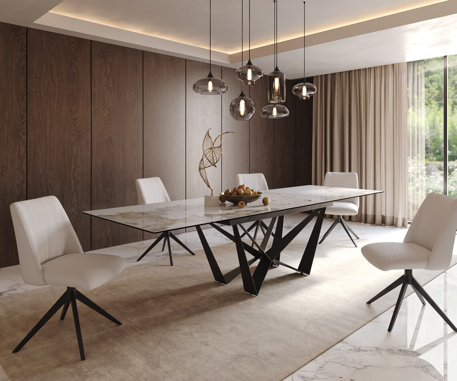 Eetkamertafel Edge 200-300x100 keramiek Minas Melange wit-beige spider vlak staal zwart uitschuifbaar 8