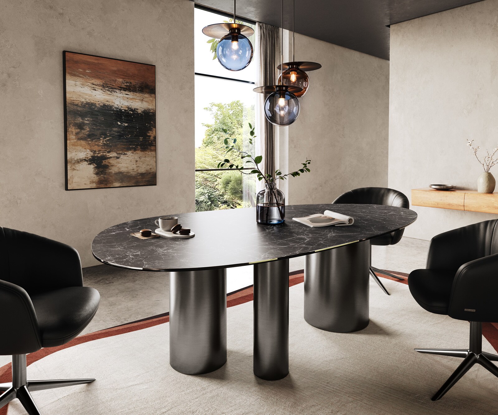 Eettafel Edge Oval 220x120 keramiek  Laminam® Nero Greco Anthrazit Troa RVS grafiet