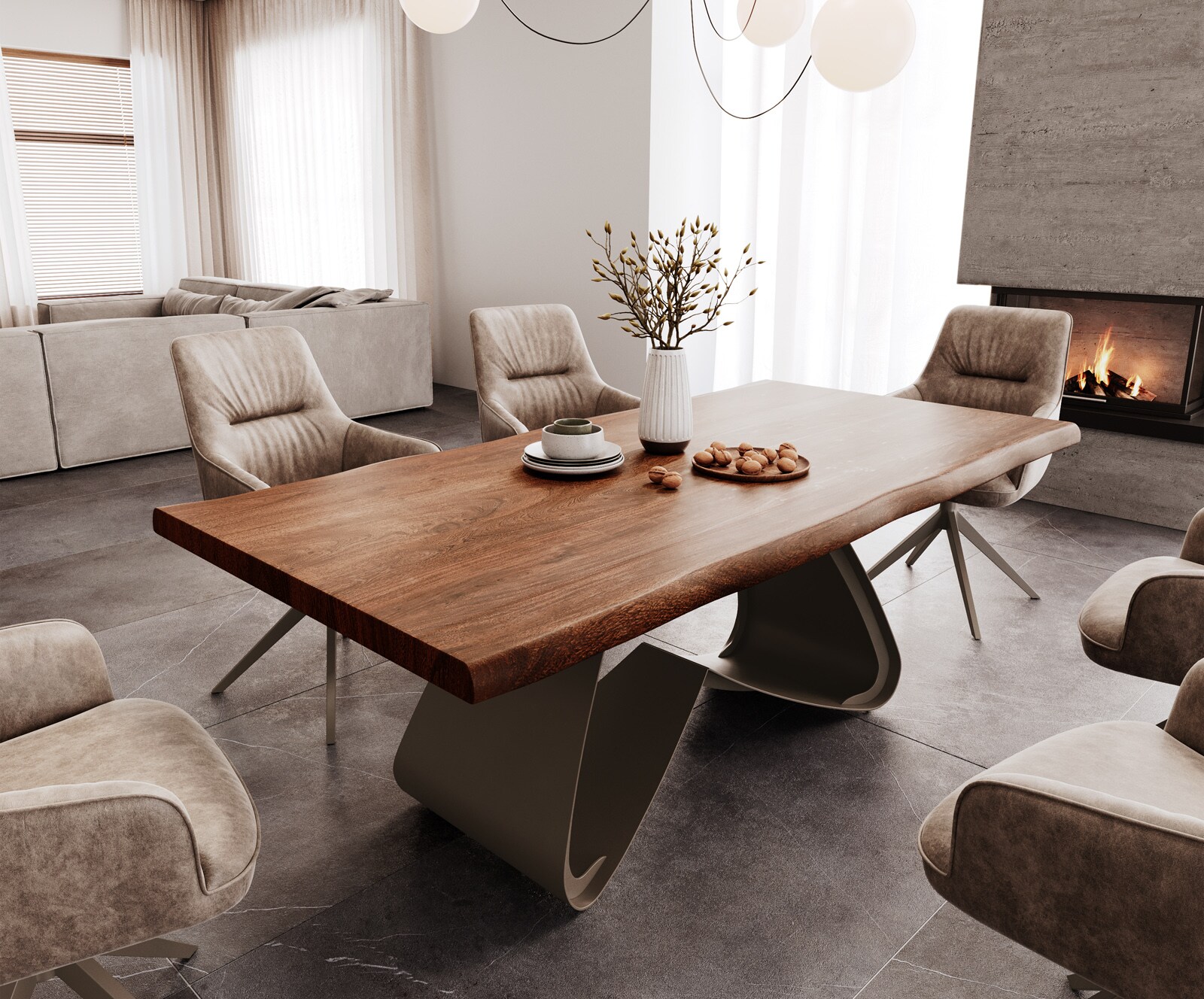 Eetkamertafel Edge 200x100 XL acacia bruin W-frame metaal effectafwerking titaan Live-Edge