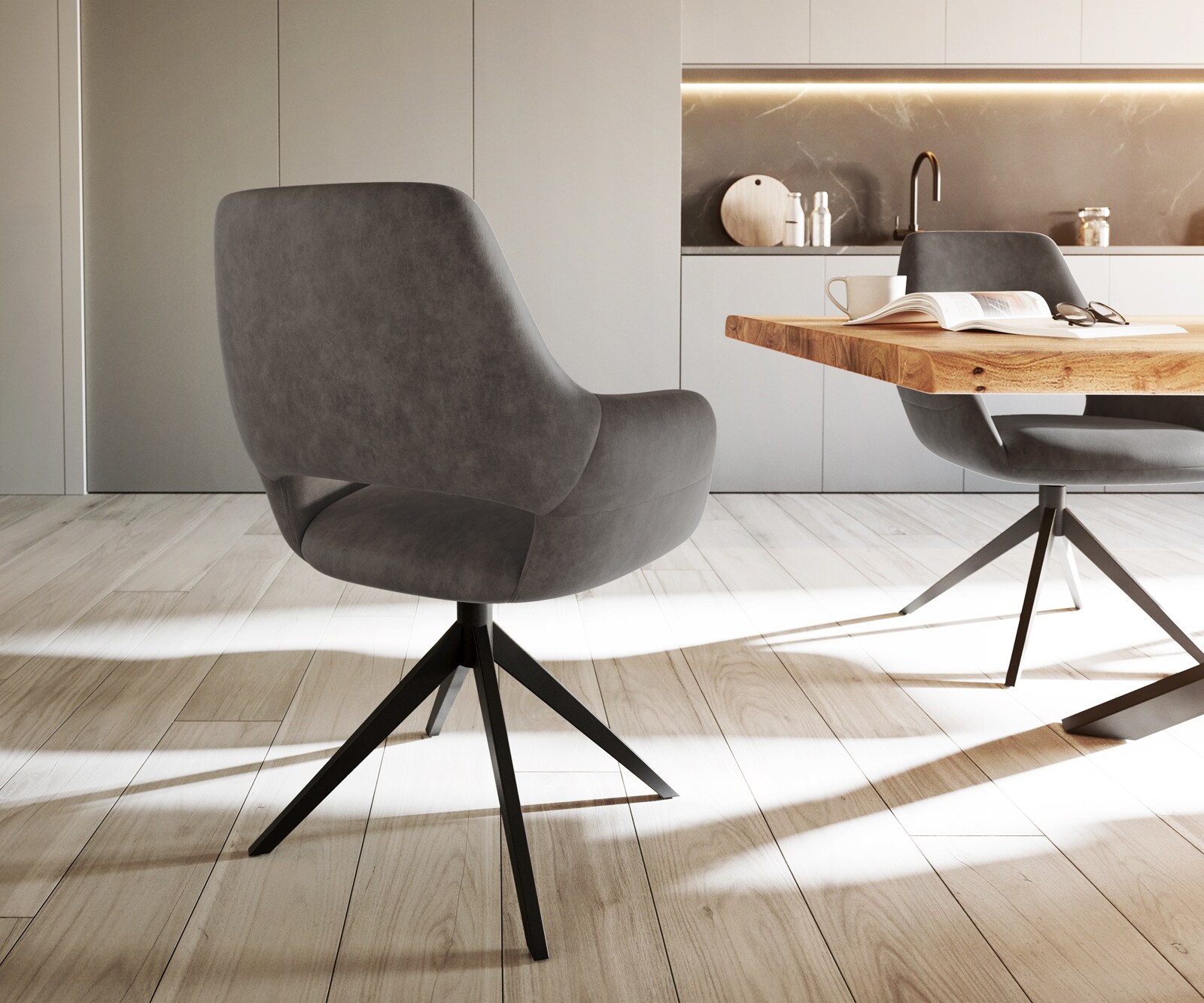 Eetkamerstoel Yago-Flex met armleuning microvelours antraciet vintage kruisframe breed zwart pocketveer kern 4 Eetkamerstoel Yago-Flex met armleuning microvelours antraciet vintage kruisframe breed zwart pocketveer kern 4