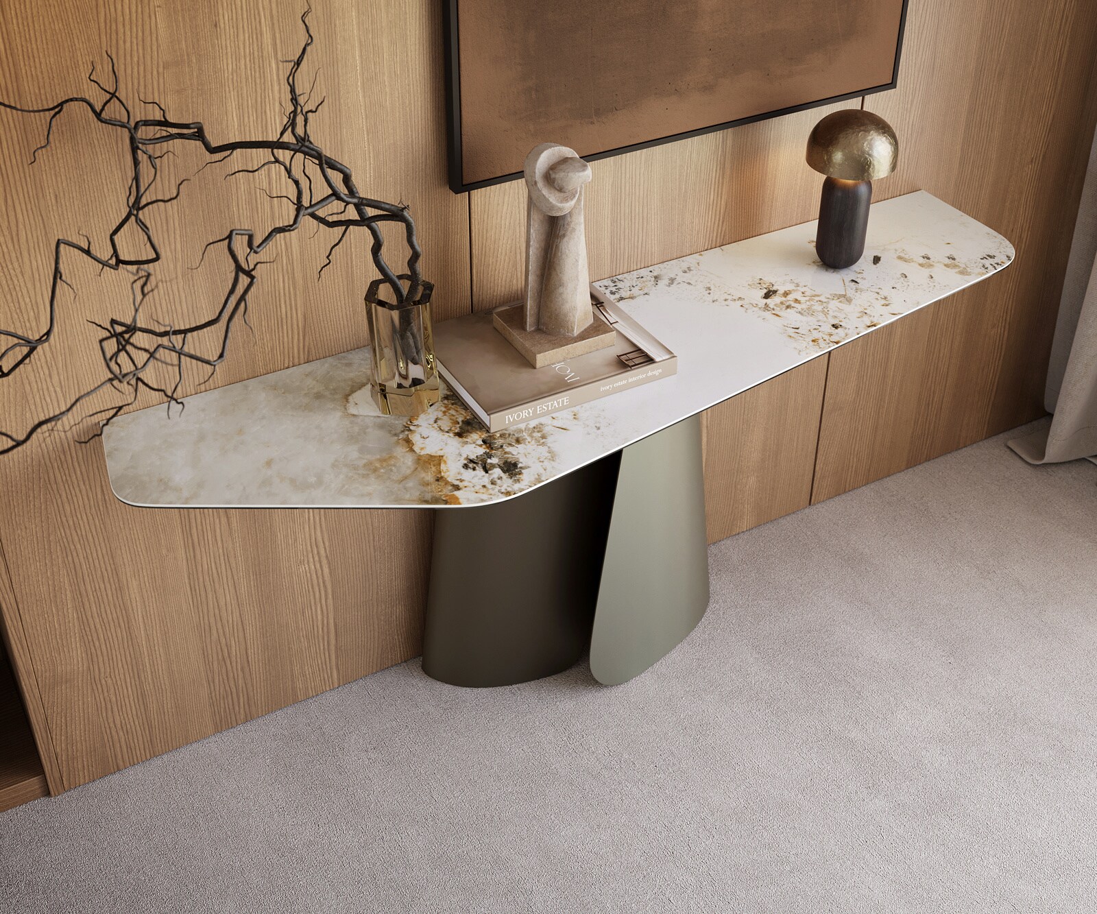Consoletafel Edge Polygonaal 180x50 cm Keramiek Minas Melange Weiß-Beige Livos Metaal Effektfinish Titan 2