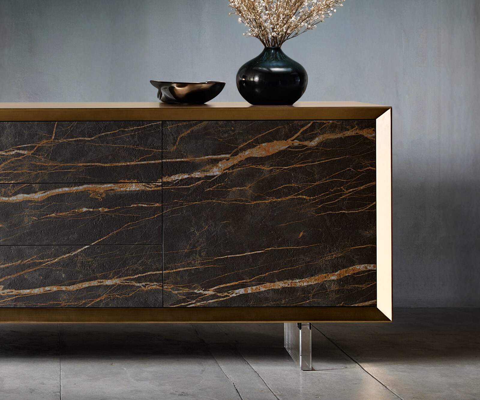Dressoir Yori metaal goud 200 cm 2 deuren 3 lades acrylvoet keramiek Laminam®Noir Desir bruin  3