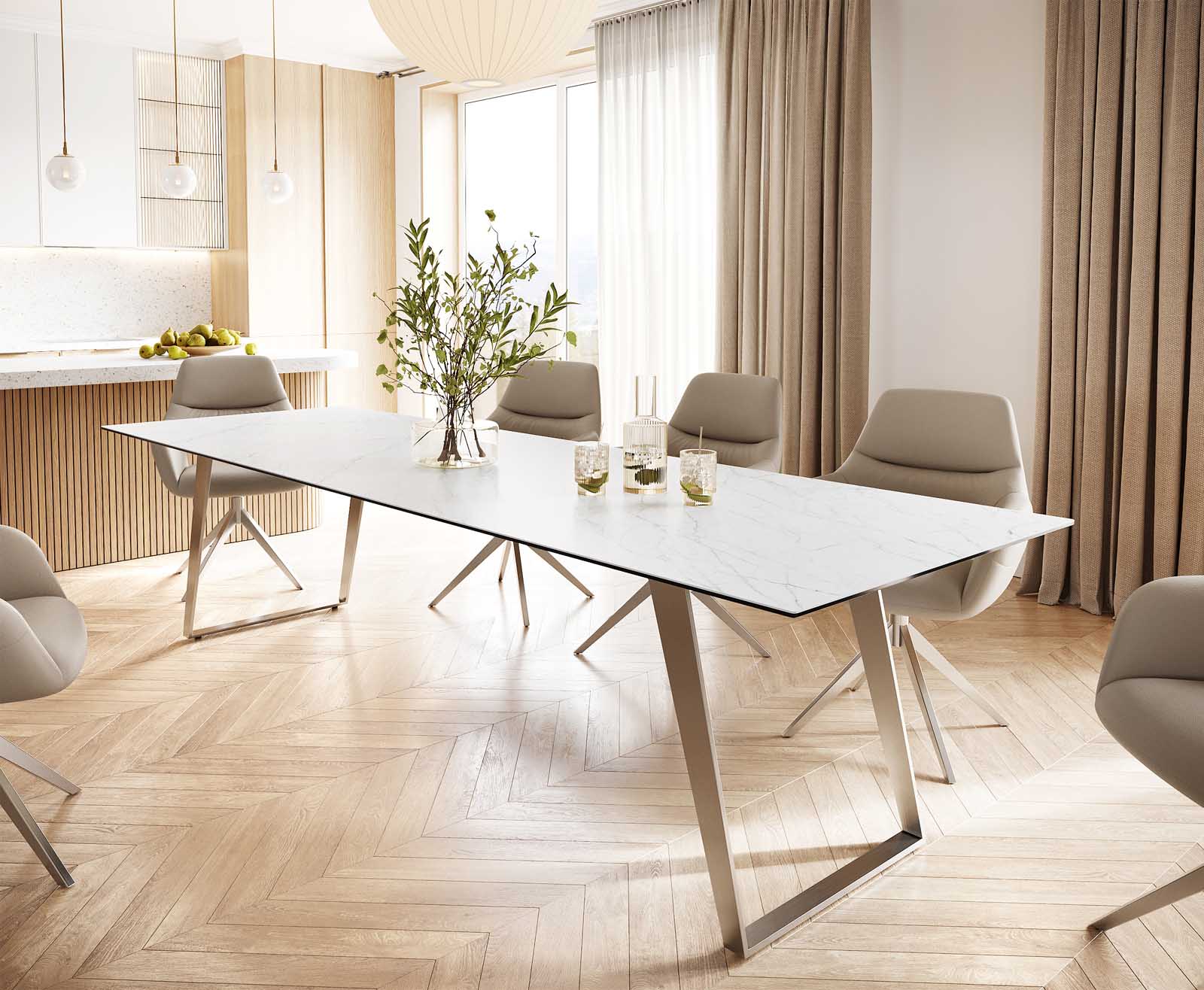 Eettafel Edge 300x100 keramiek Laminam® Statuarietto wit roestvrij staal hoekig