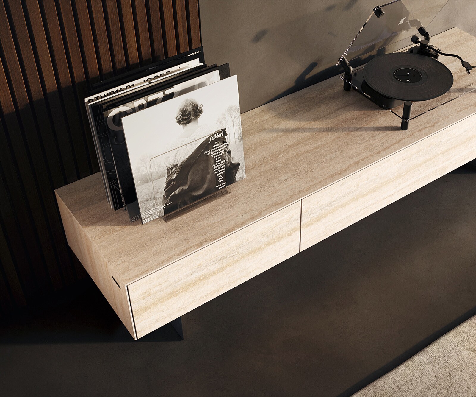 Tv-meubel Cuor 150 cm Keramiek Laminam® Travertino Bianco Crème-wit 1 Flap 1 Lade Zwevende voet look Roestvrij staal 3